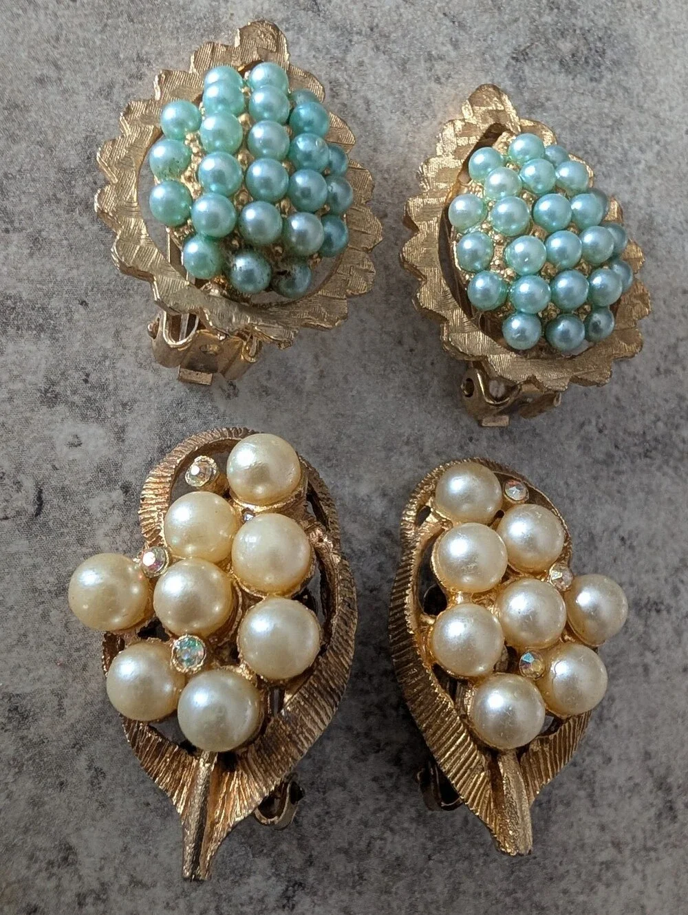 Vintage Gold Tone Faux Pearl Clip On Earring Set